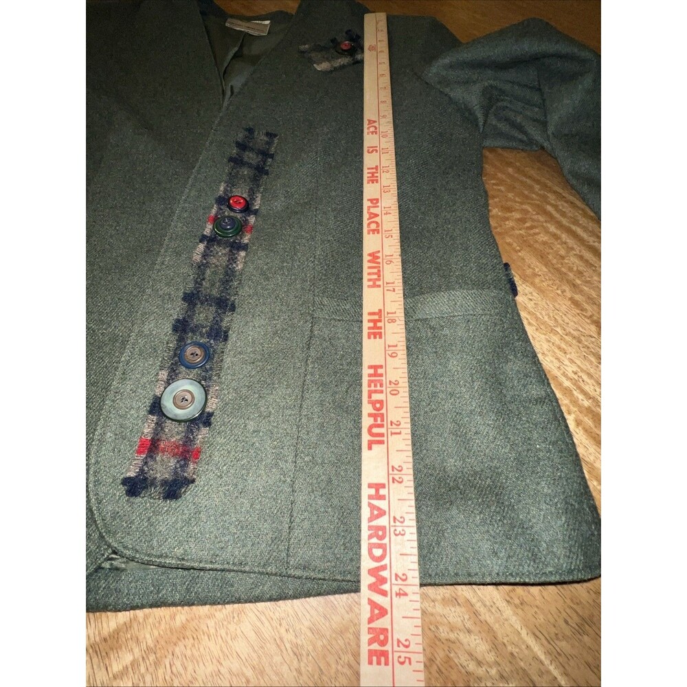 Vtg Tan Jay Womens Tweed Blazer Jacket Olive Green W/ Plaid Detail & Buttons M/L - Picture 14 of 16